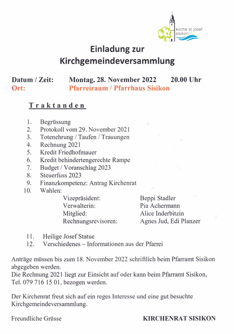 Kirchgemeindeversammlung 2022