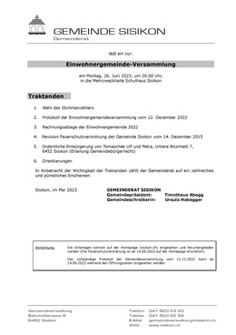 Traktandenliste EWG 26.06.2023 Traktandenliste Einwohnergemeindeversammlung
