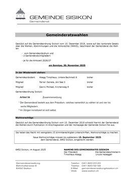 Wahlaufruf 30.11.2025 Gemeinderatswahlen 26/27