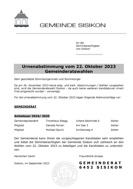 Wahlvorschläge Gemeinderat 22.10.2023 Gemeinderatswahlen 22.10.2023