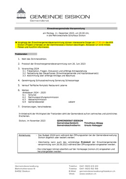 Traktandenliste EWG 11.12.2023 Traktandenliste Einwohnergemeindeversammlung 11.12.2023